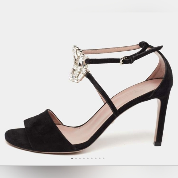 Cucci Black Suede Crystal Embellished GG Interlock Ankle Strap Sandals - Picture 3 of 3